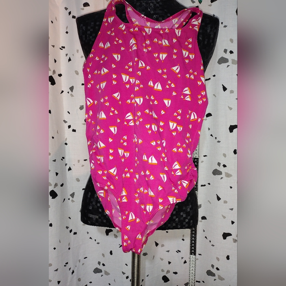 Hot pink lands end one piece swim suit sail boat pattern